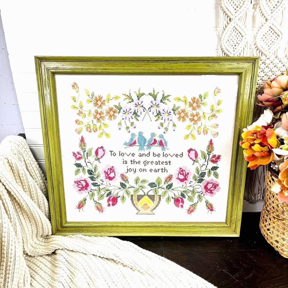 Vintage‎ Cross Stitch Bird Art: Floral Needlepoint Wall Hanging